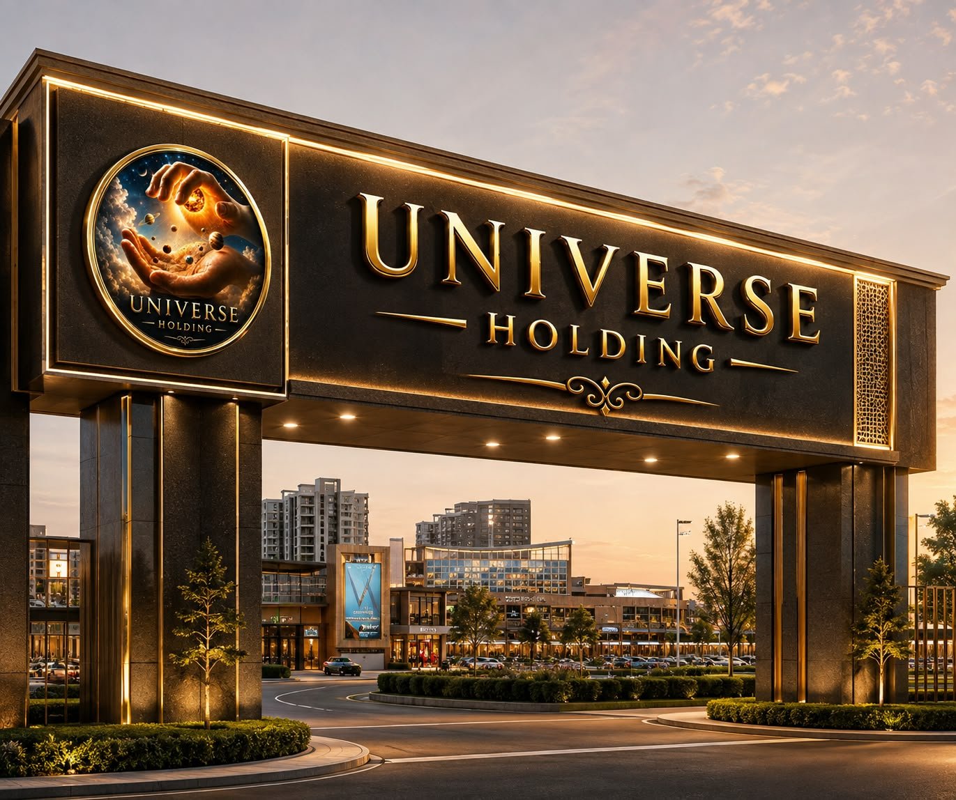 Universe Holding branded signage against an international financial district skyline